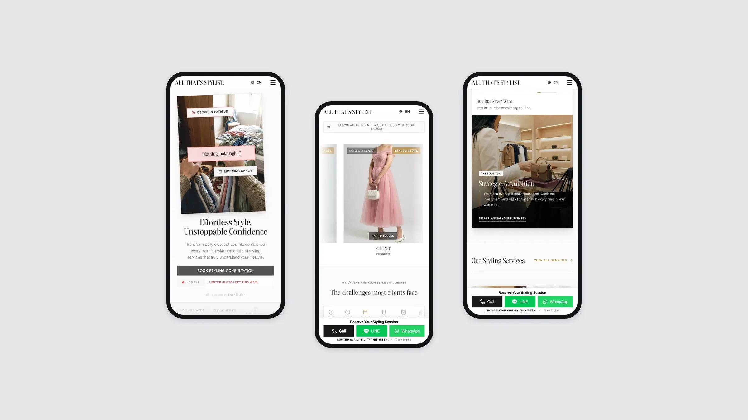 The All That’s Stylist Service site on three phones