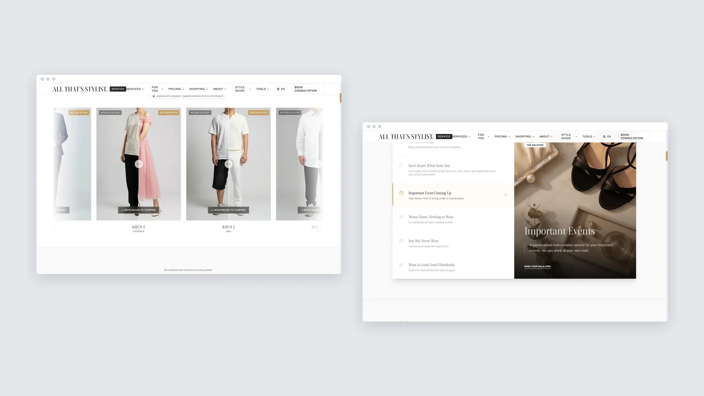 Two more sections of the All That’s Stylist Service site on desktop