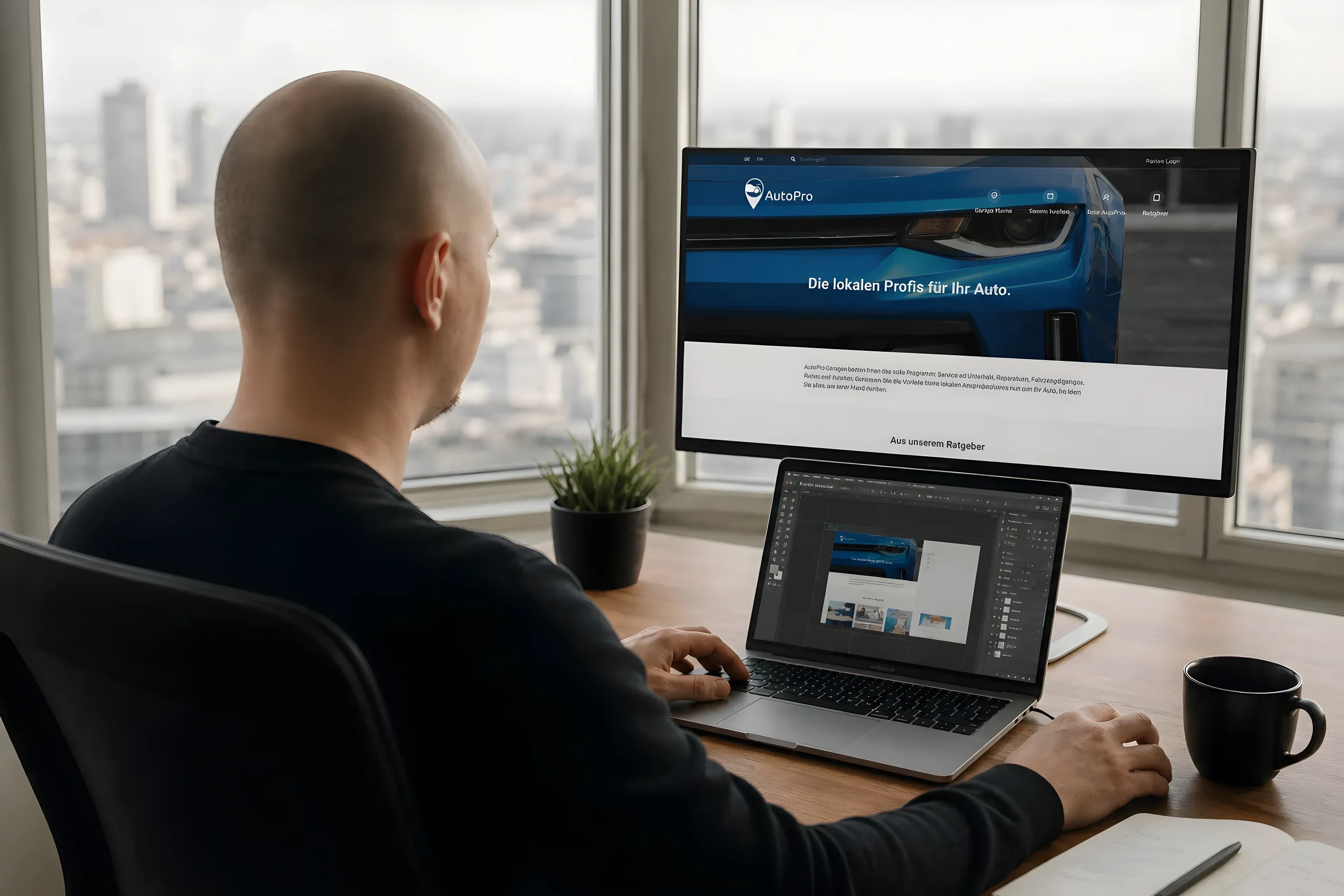 Simon at his desk with the AutoPro site on an external monitor