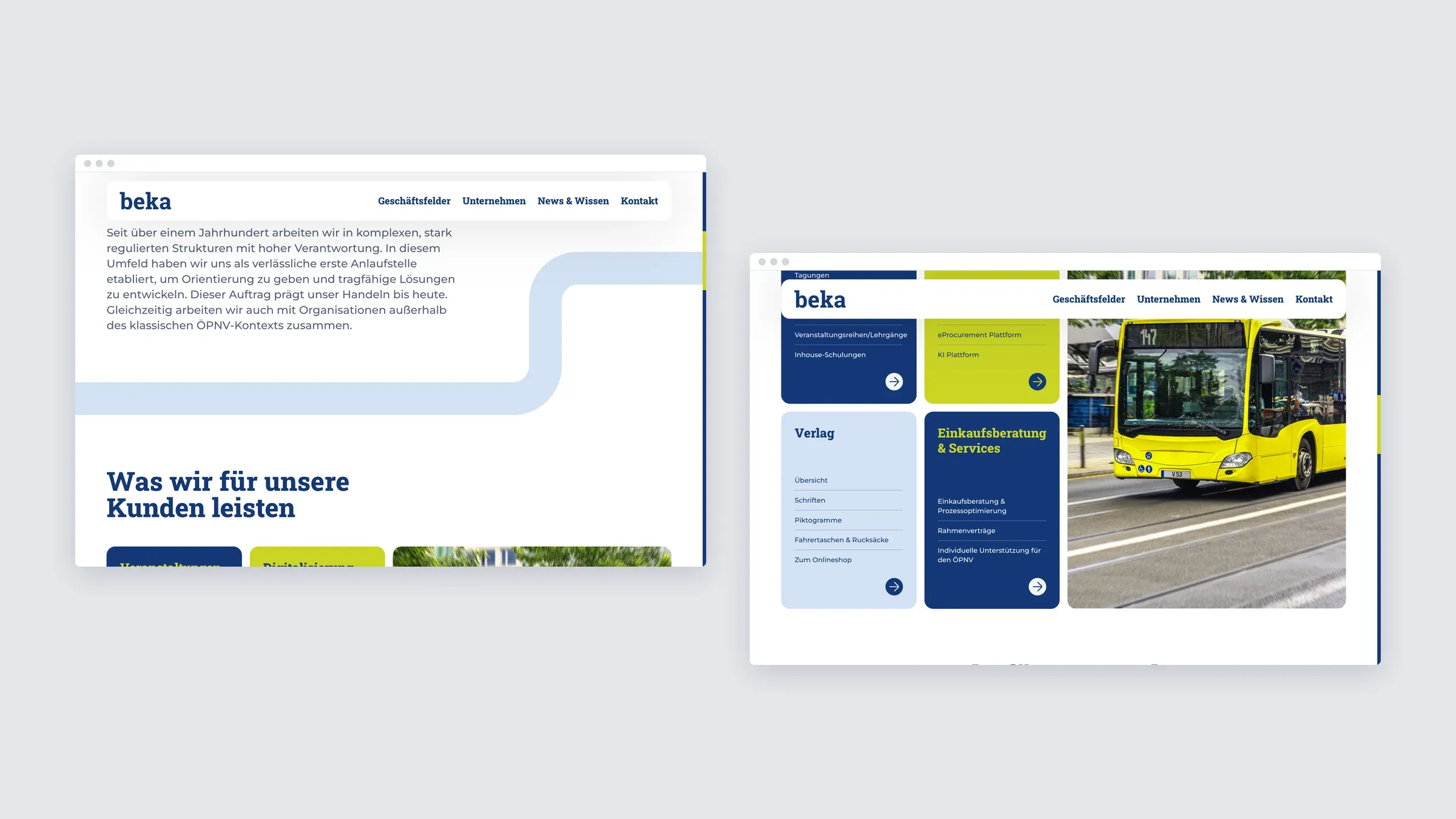 Two more sections of the BEKA site on desktop