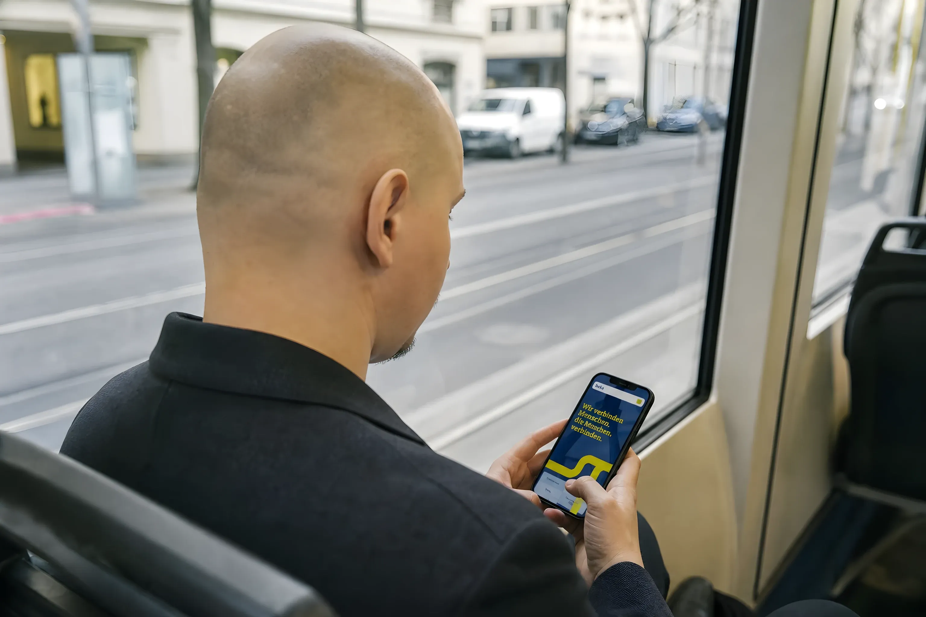 Simon scrolling the BEKA site on his phone on a tram