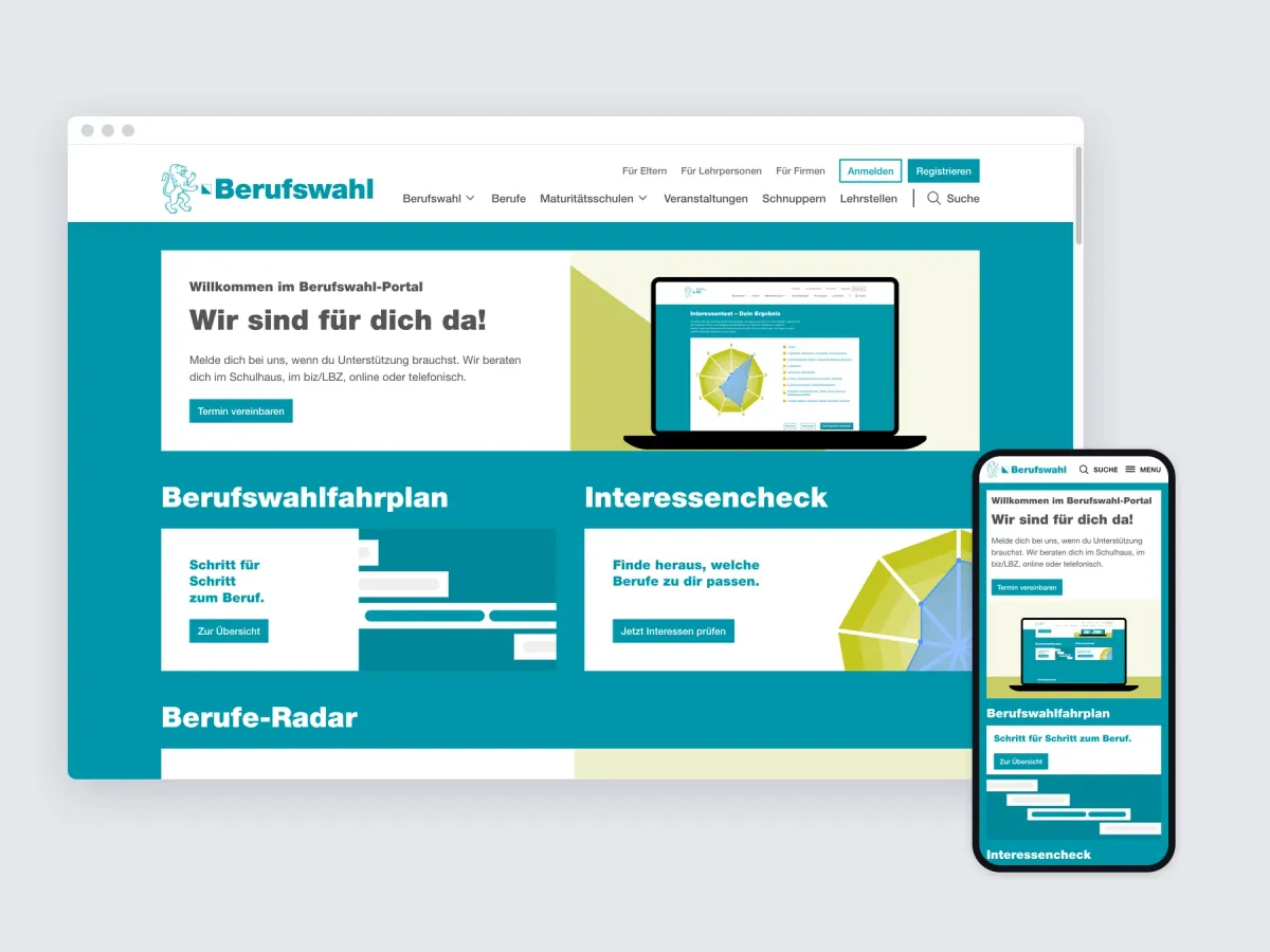 The Berufswahl-Portal on a desktop browser and a phone