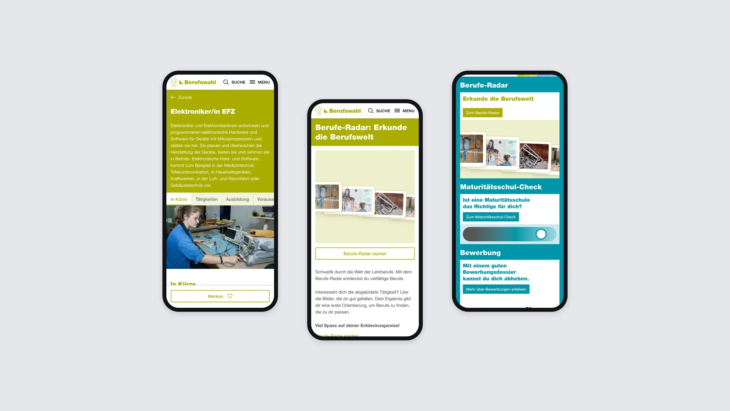 A career page, the career radar and the home page on phones