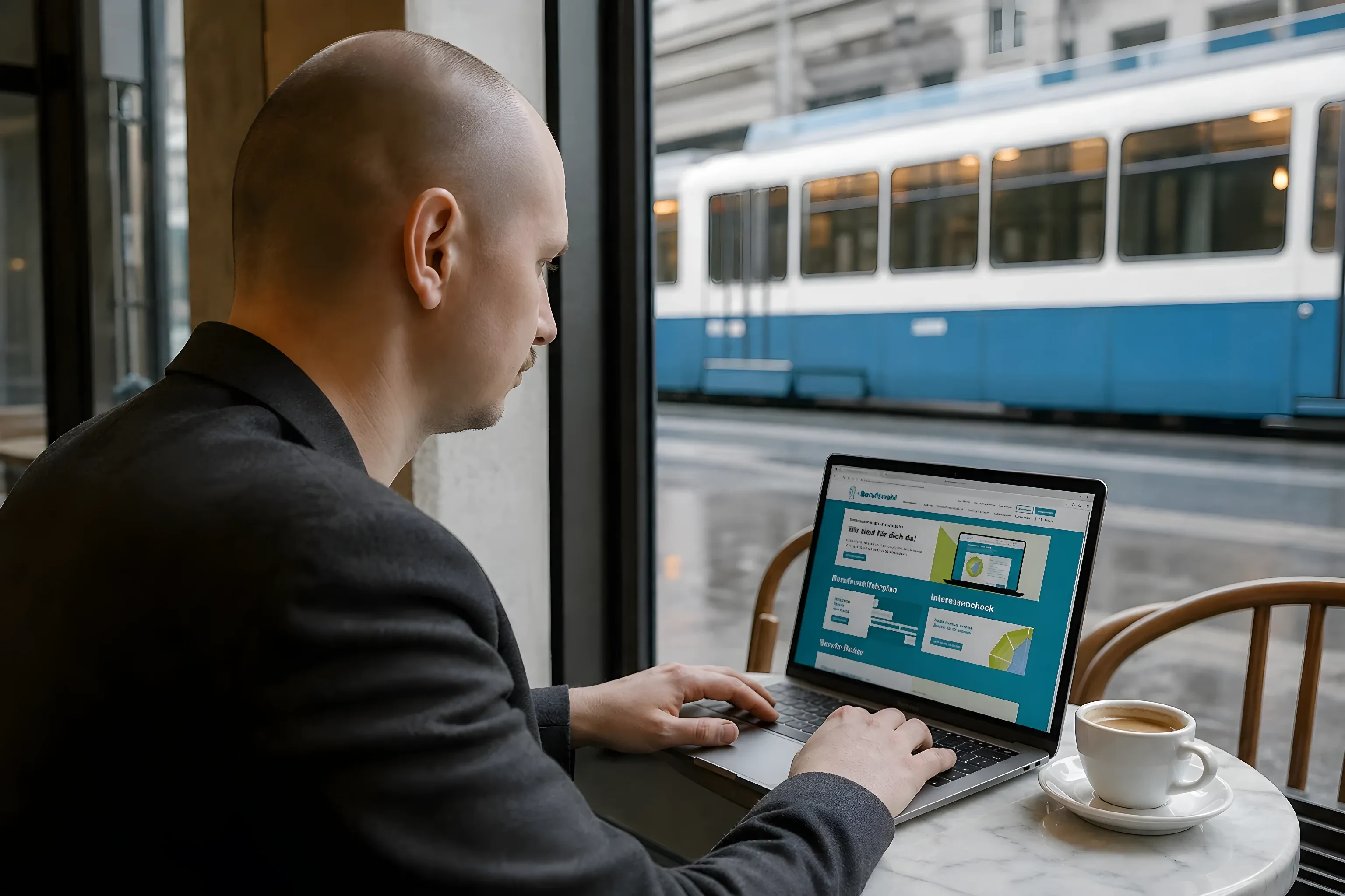 Simon working on the Berufswahl portal on a MacBook in a Zurich café