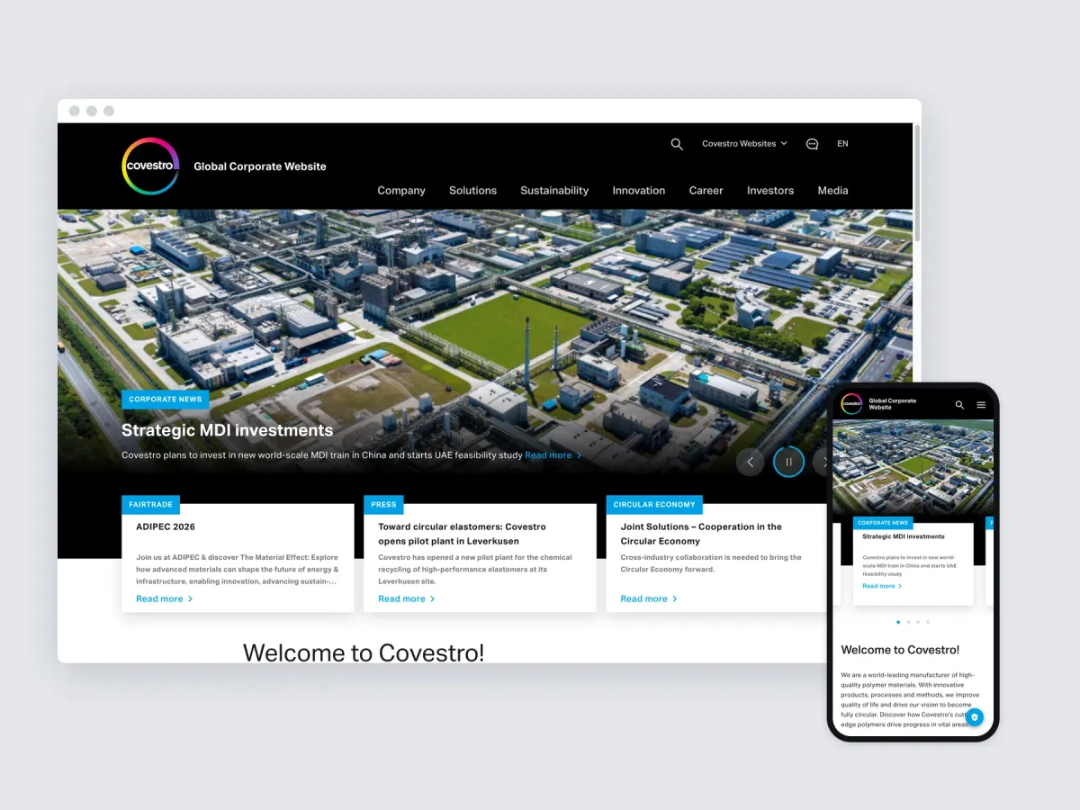 Covestro website on a desktop browser and a phone