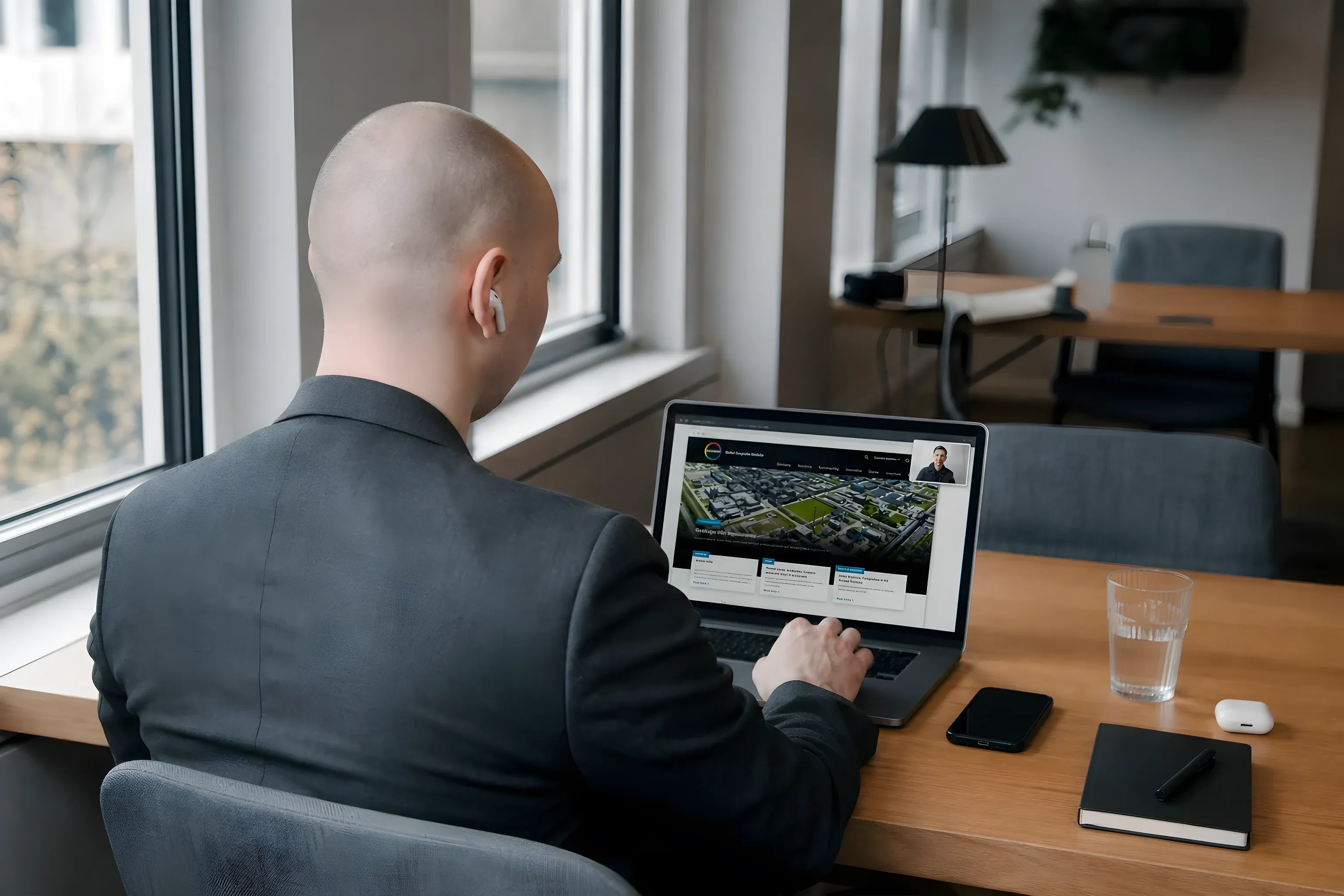 Simon working remotely on the Covestro site, a client on a video call in the corner