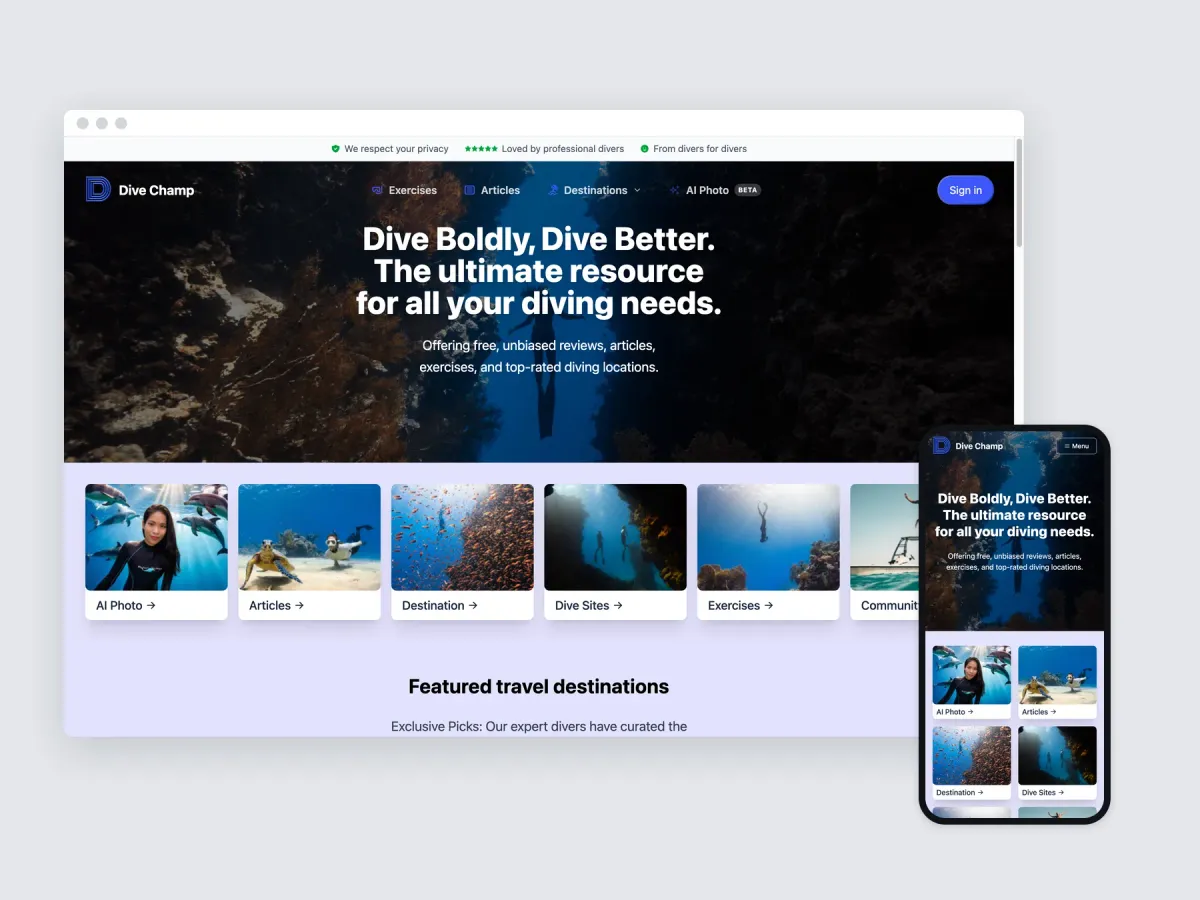 Dive Champ website on a desktop browser and a phone