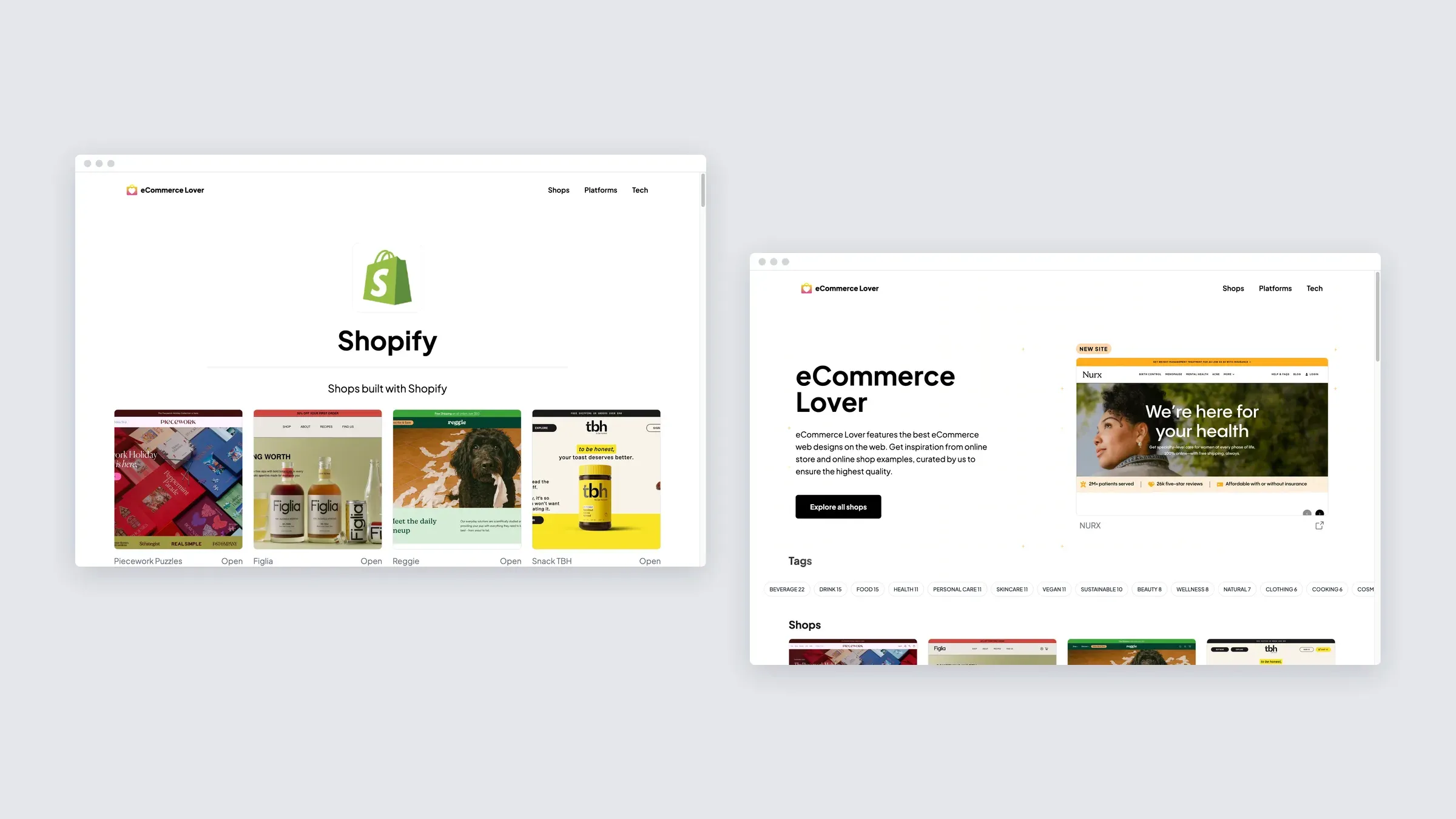 The Shopify platform page and the home page