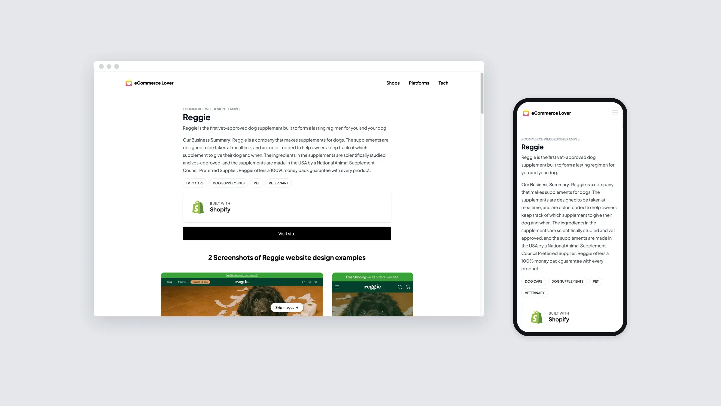 The Reggie shop page on desktop and phone