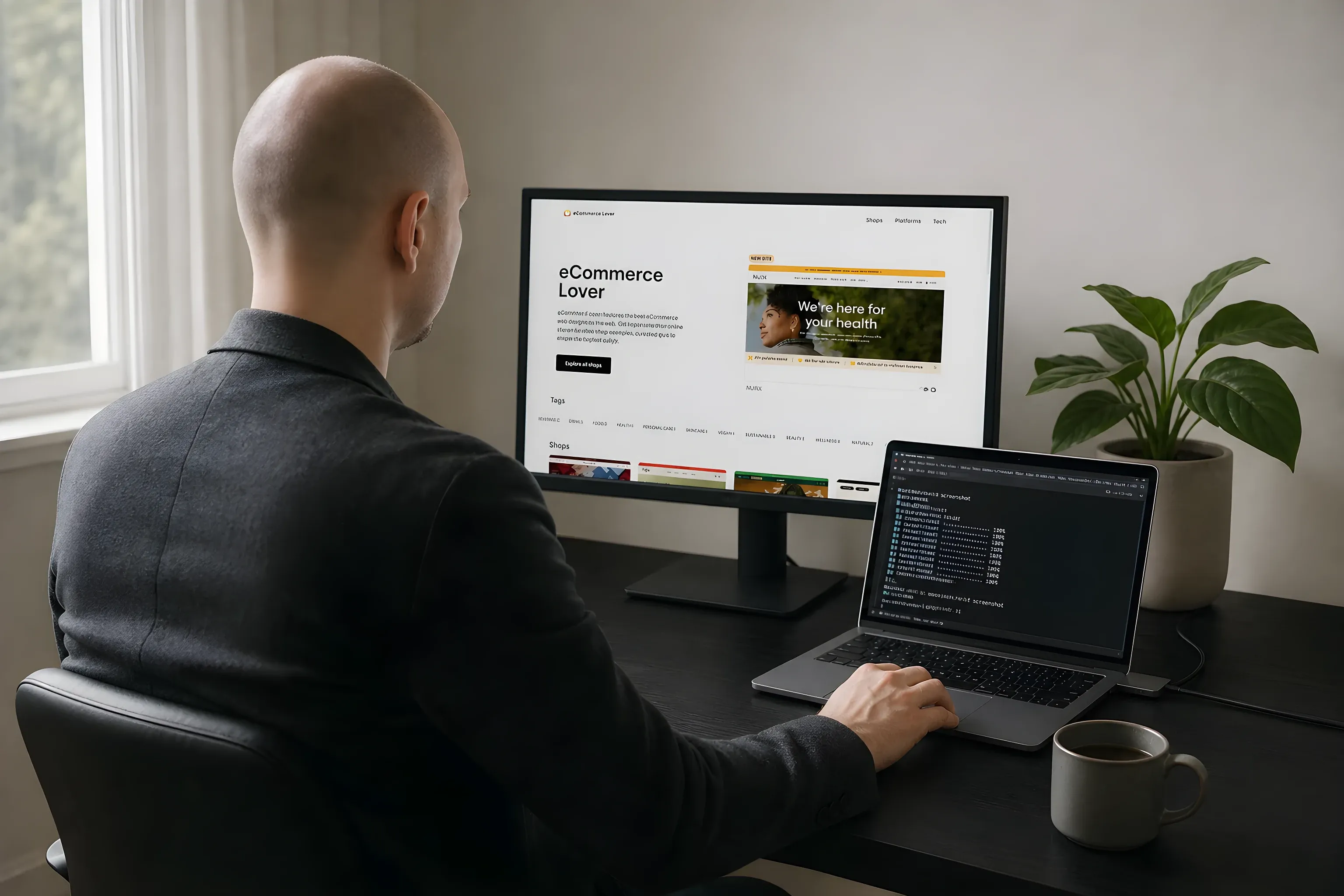 Simon at his desk with eCommerce Lover on the monitor and the screenshot script on the laptop