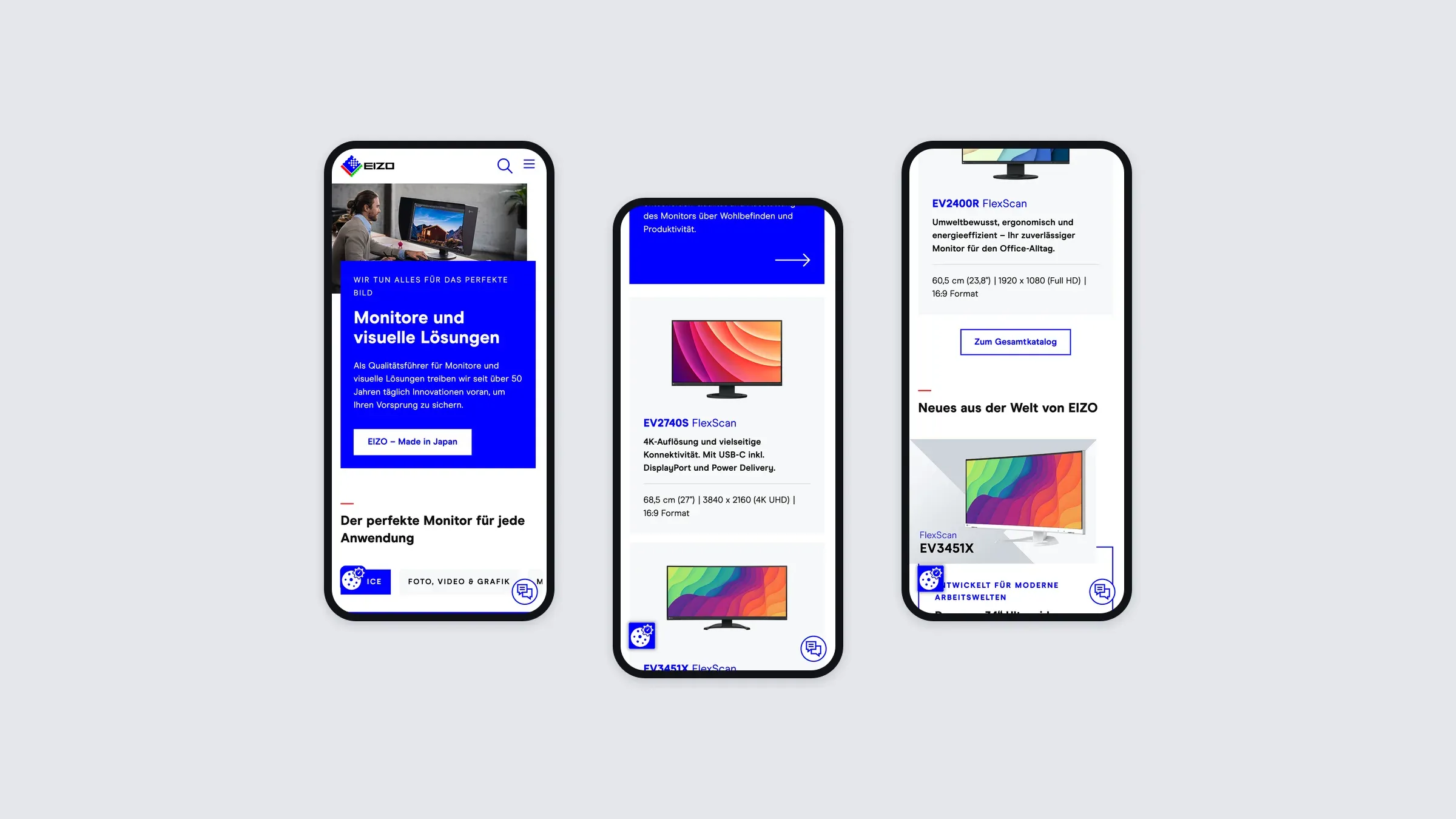 The EIZO site on three phones