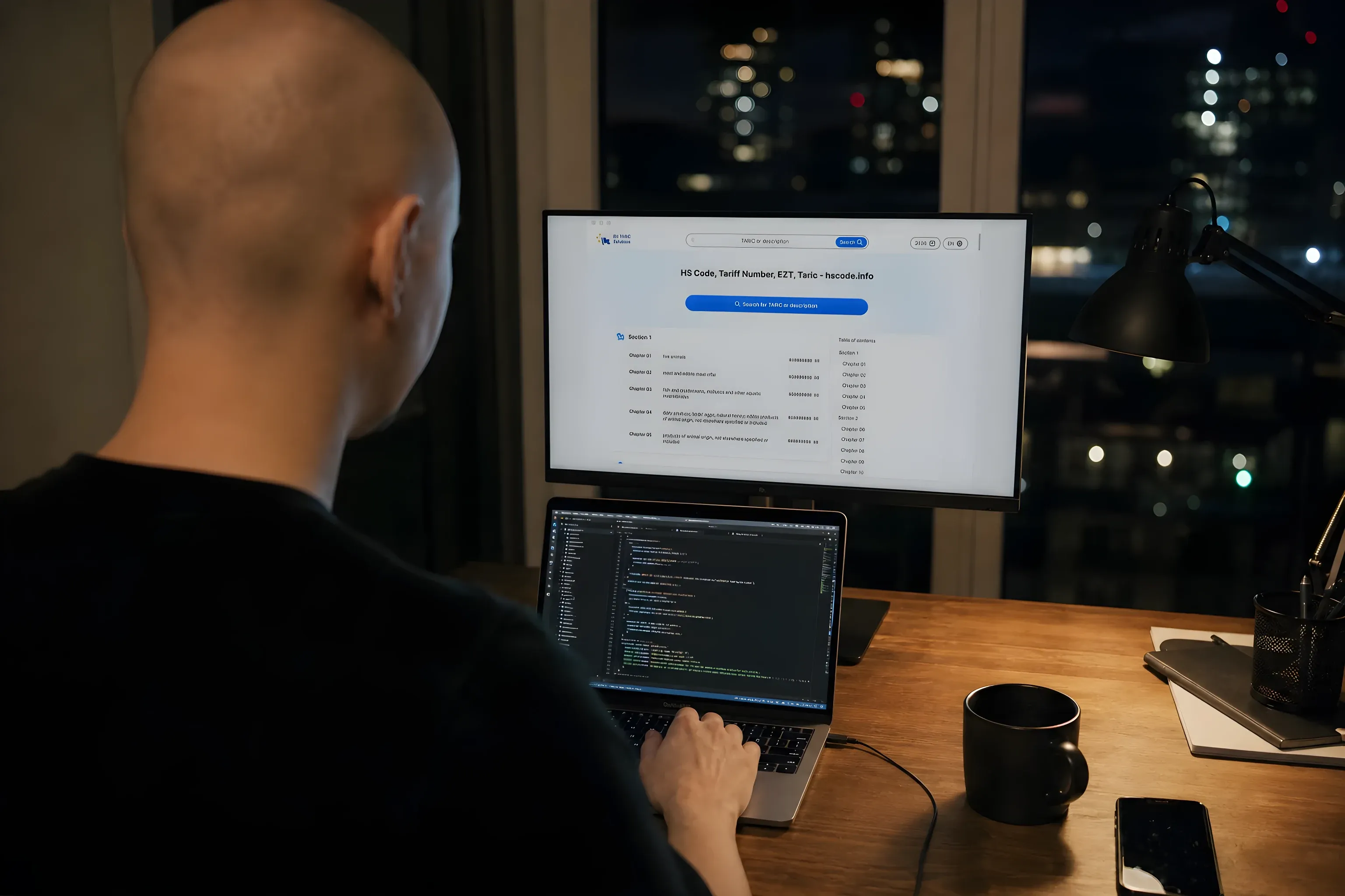 Simon late in the evening with hscode.info on one screen and code on the other