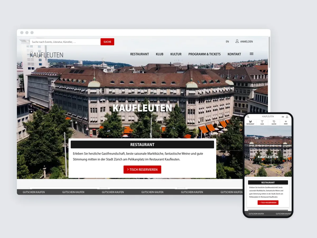 Kaufleuten website on a desktop browser and a phone
