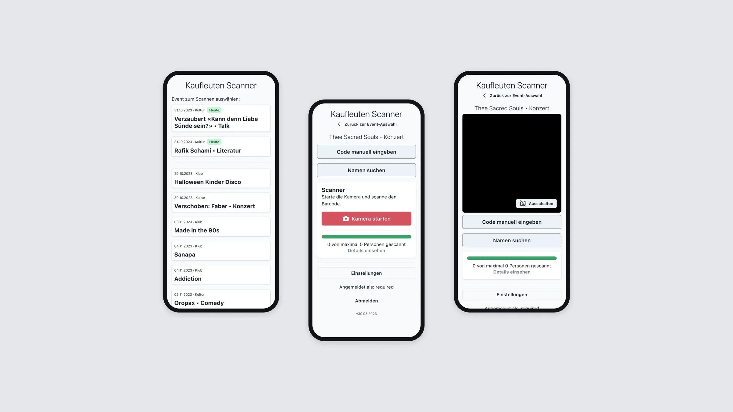 The Kaufleuten scanner app: event list, start screen and scanning view