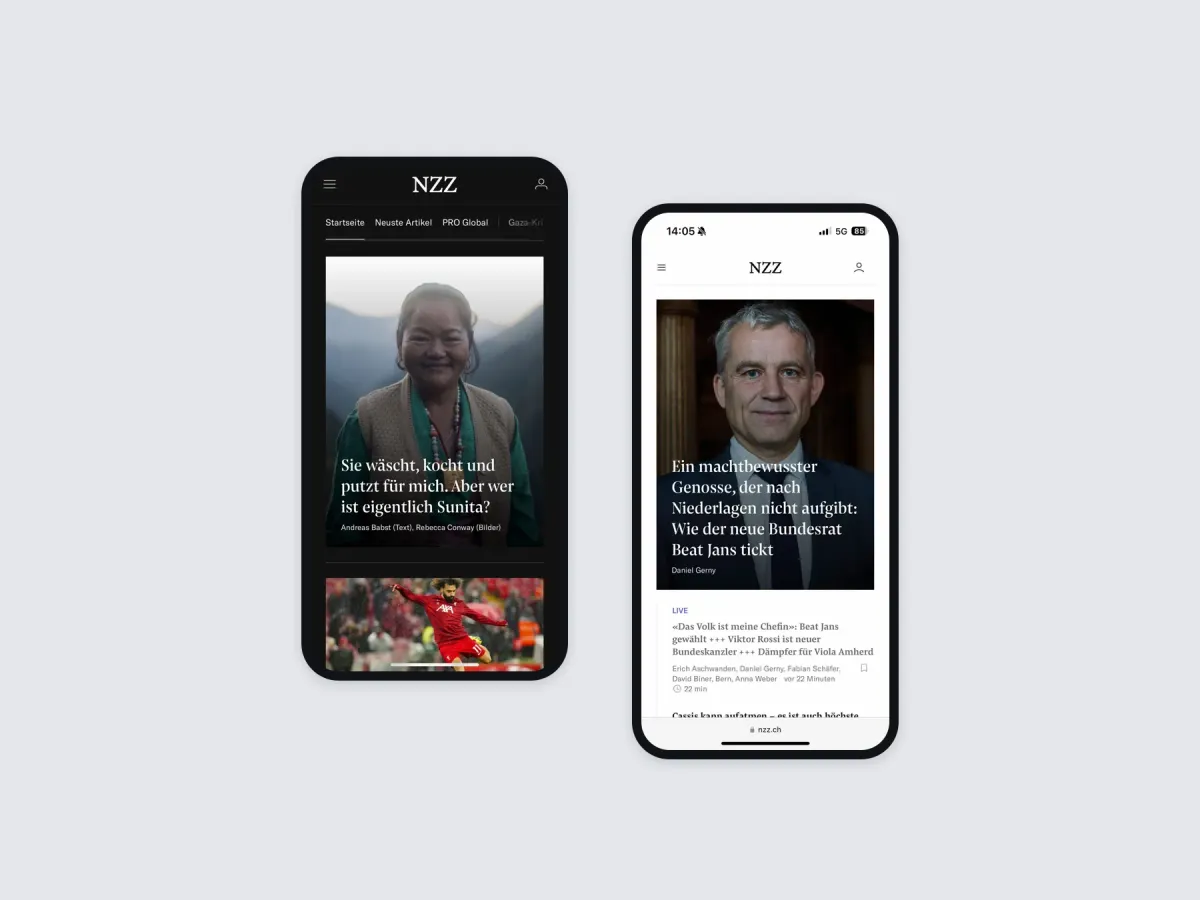 The new full-screen teaser on the NZZ front page on two phones, in dark and light mode