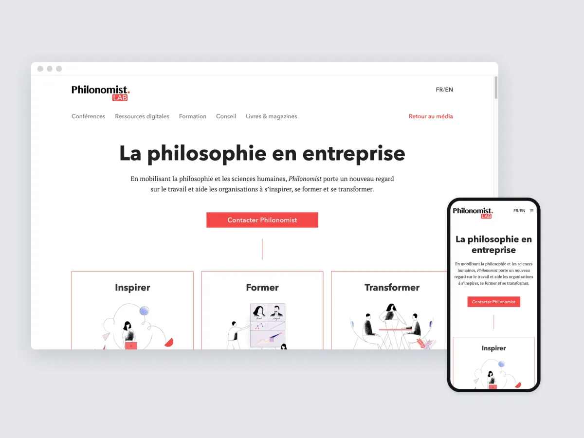 The Philonomist page for businesses on a desktop browser and a phone