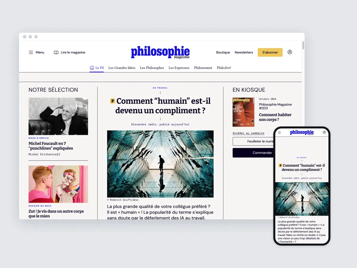 The Philosophie Magazine front page on a desktop browser and a phone
