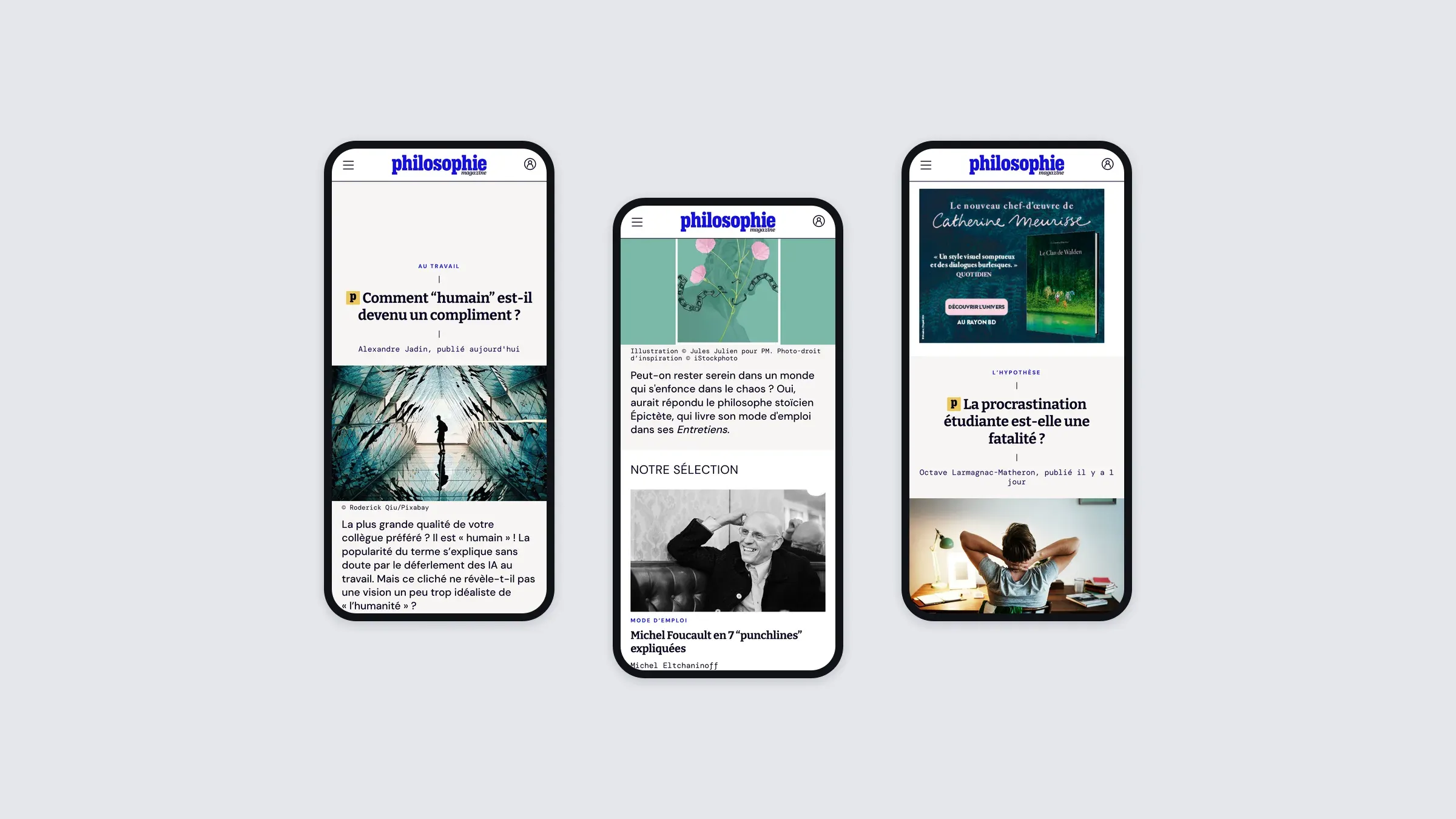 The Philosophie Magazine site on three phones