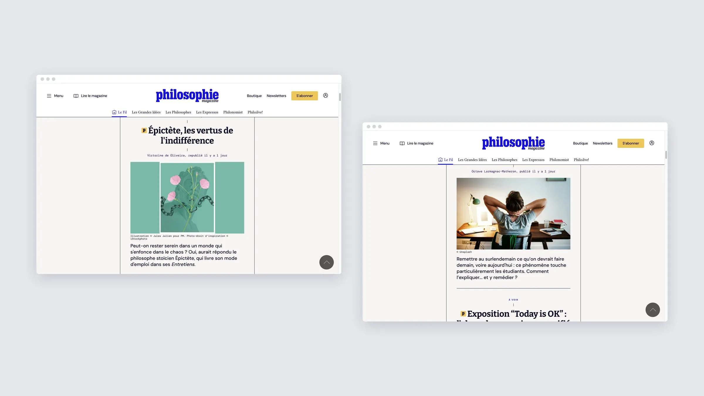 Two more sections of the Philosophie Magazine site on desktop