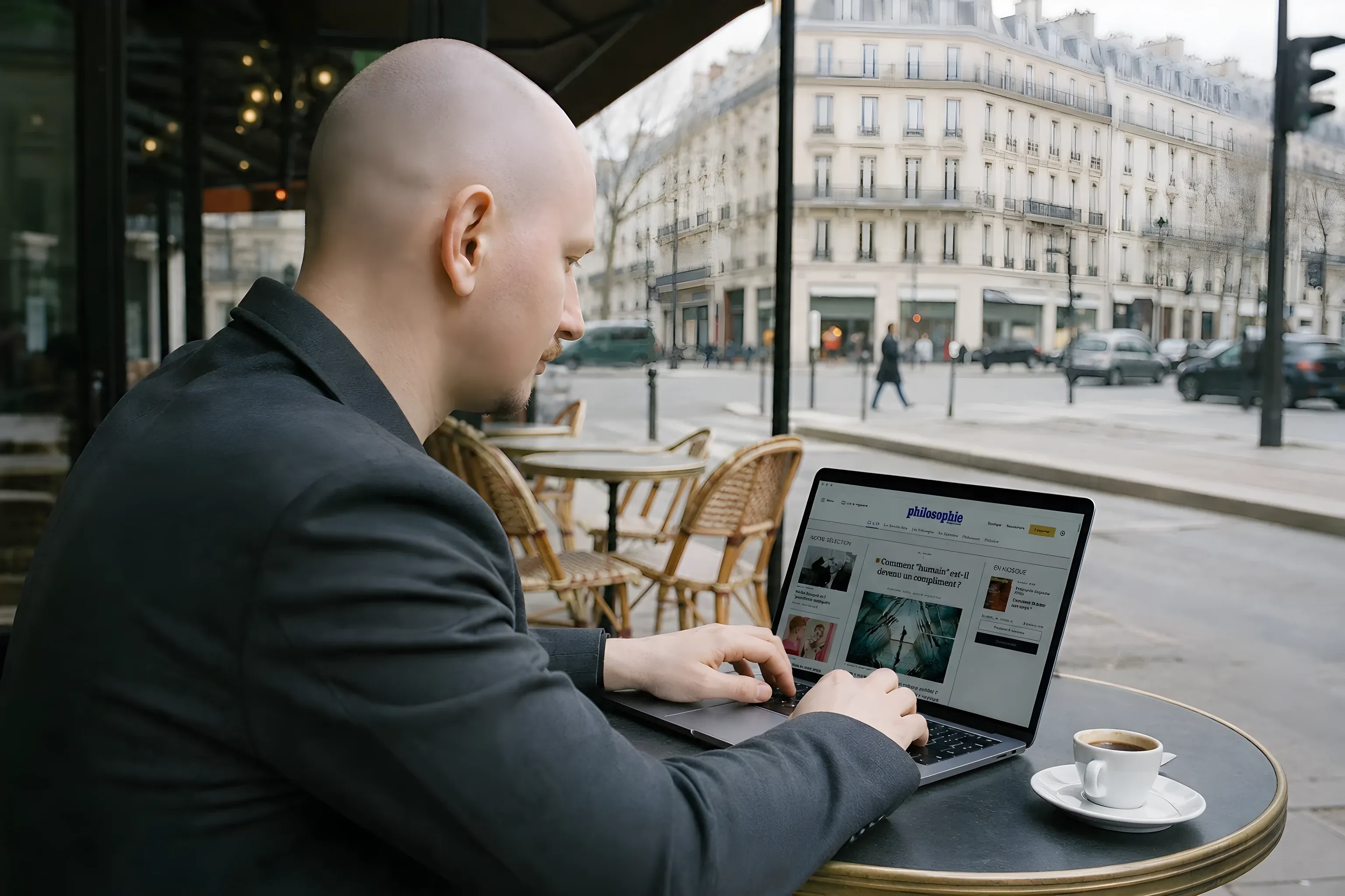 Simon working on the Philosophie Magazine site on a Paris café terrace