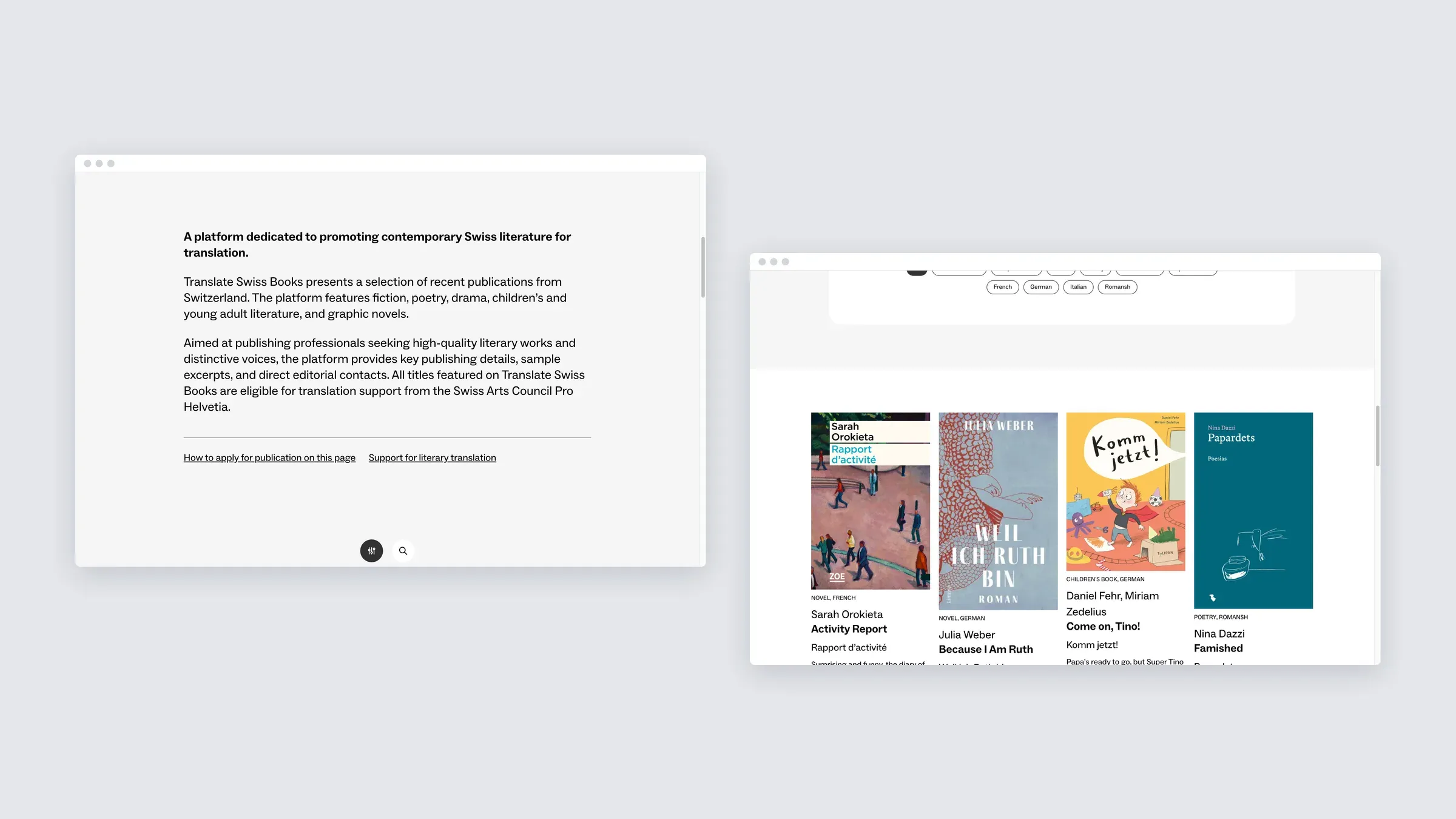 The introduction and the book list of Translate Swiss Books
