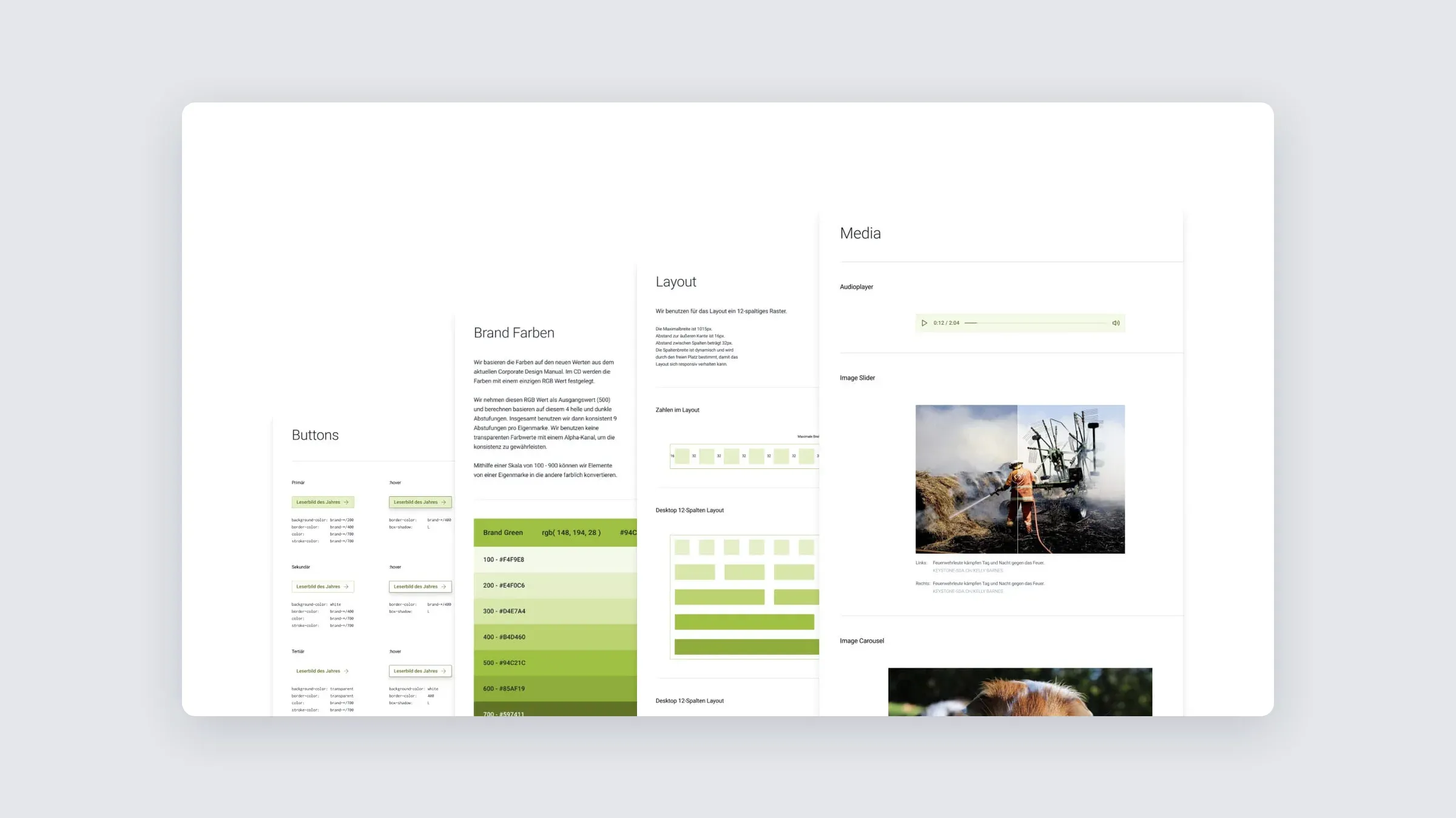The suedostschweiz.ch design system with colours, buttons, layout and media
