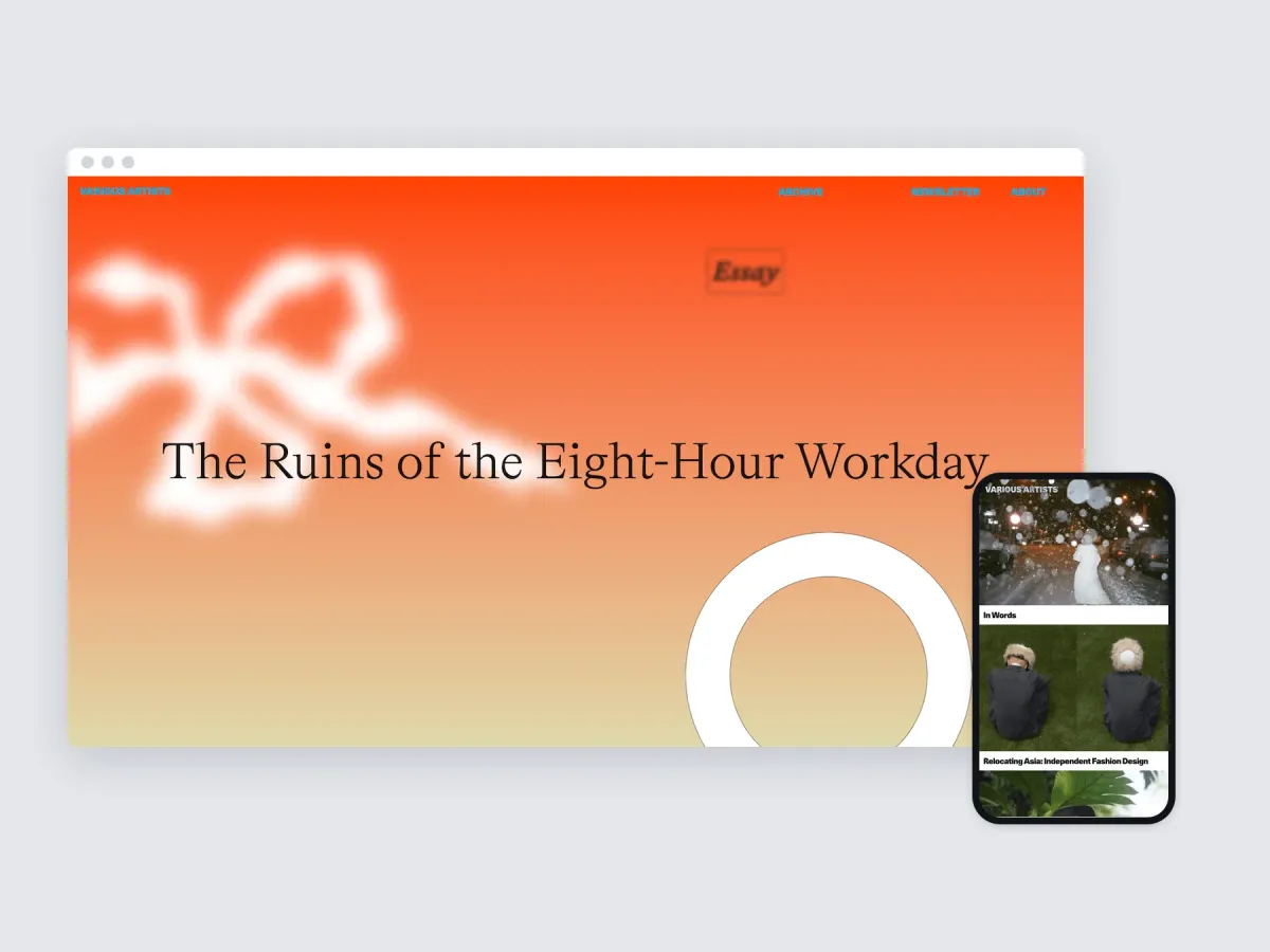 The V/A - Various Artists magazine on a desktop browser and a phone