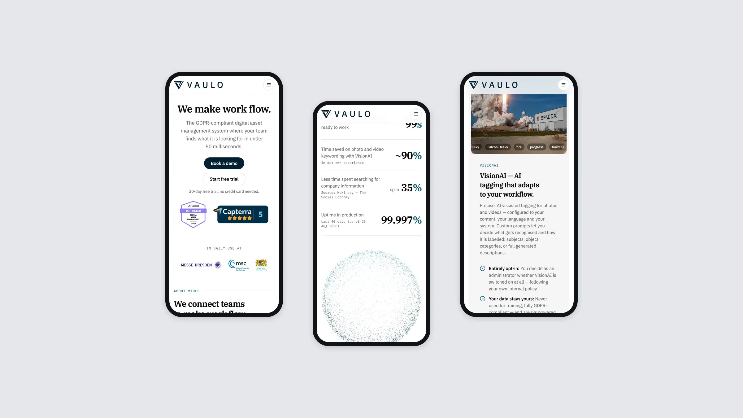 The Vaulo site on three phones