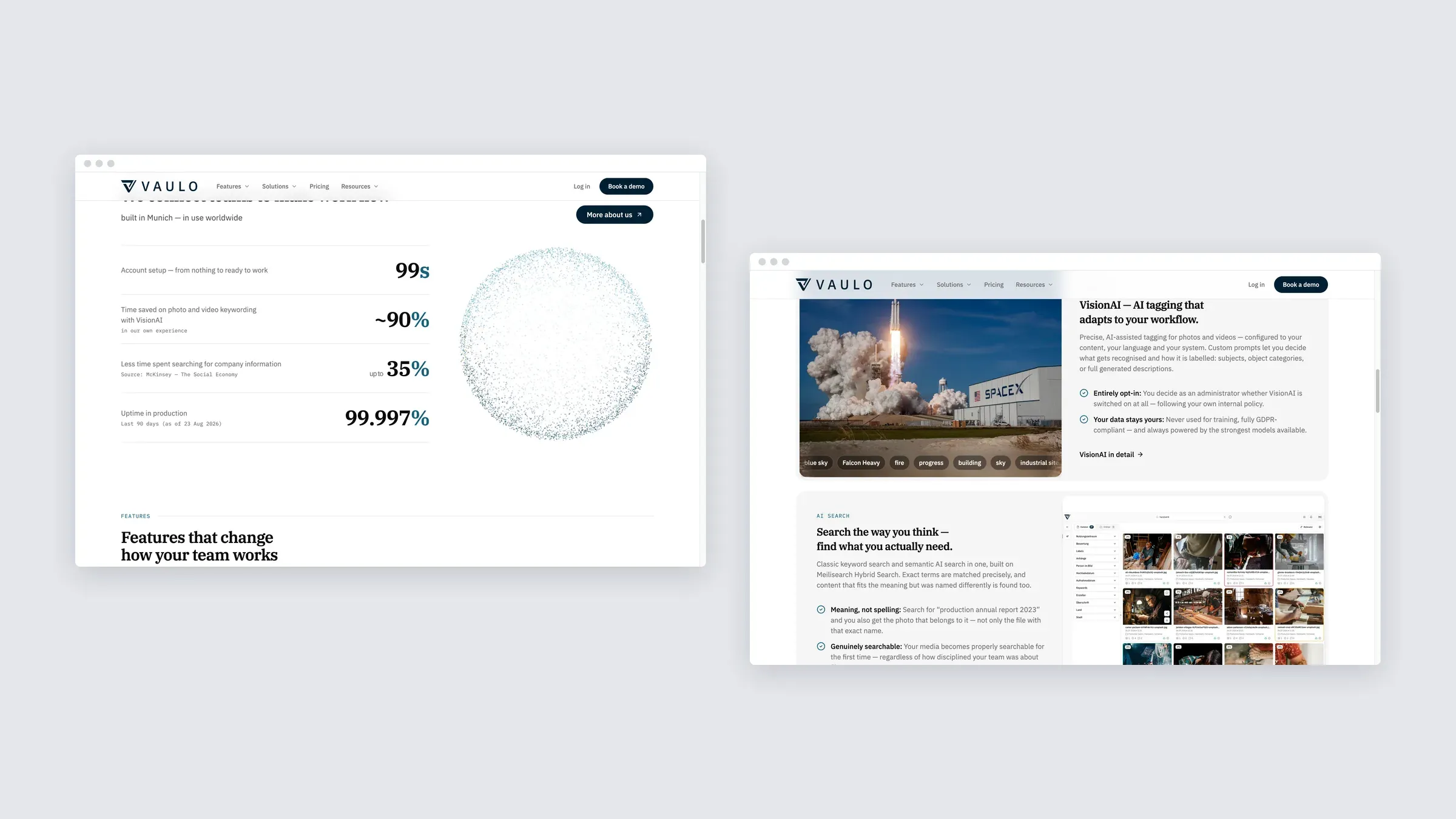 Two more sections of the Vaulo site on desktop