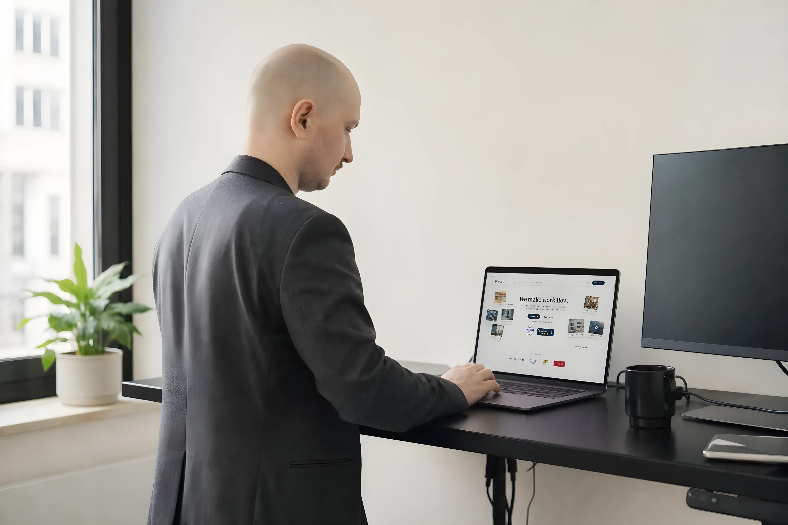 Simon at a standing desk with the Vaulo site on his MacBook